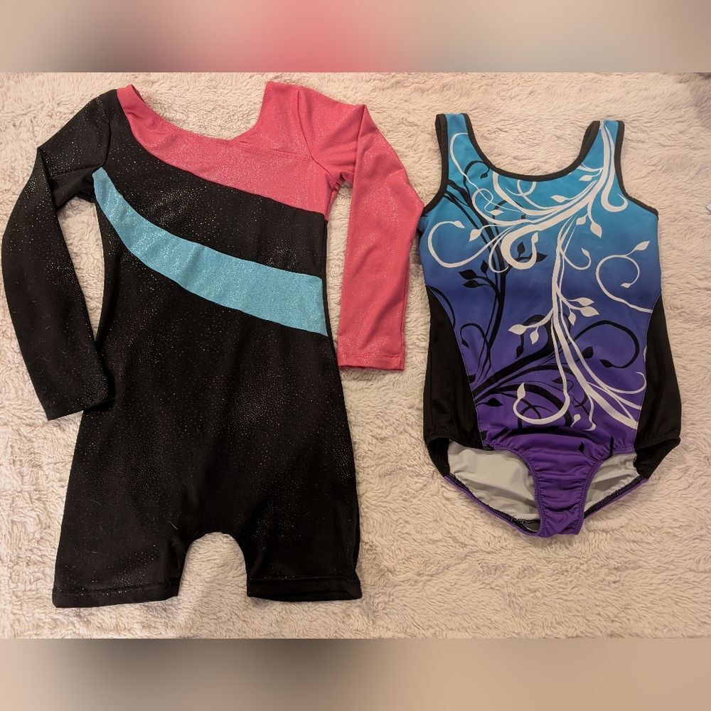 2 Girls Gymnastics/Dance Leotards Bodysuits set of 2- Pink, Blue, Black, purple‎